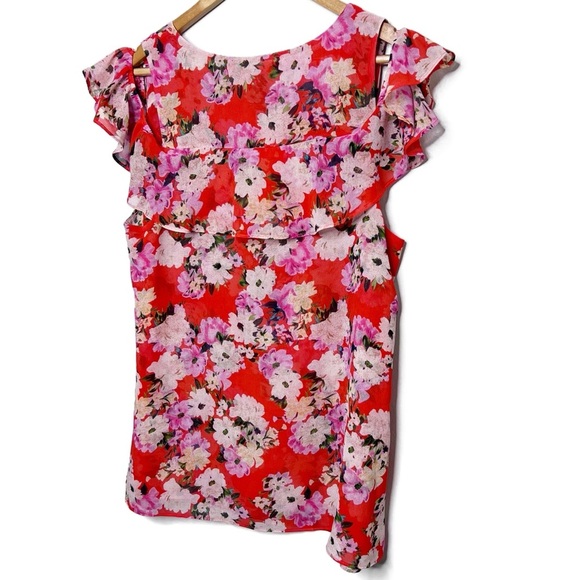 Cabi Red Floral Cold Shoulder Ruffle Sleeve V Neck Blouse Women's Size M - Picture 13 of 16